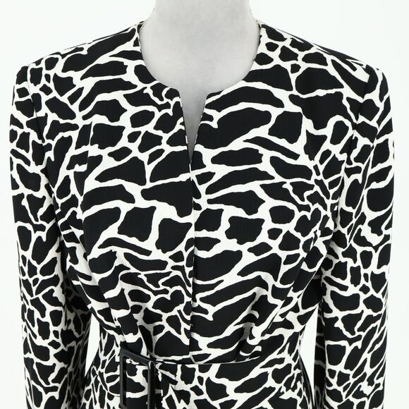 Liz Claiborne Jacket Petites 14P Black White Animal Print Attached Belt Lined - Picture 7 of 16